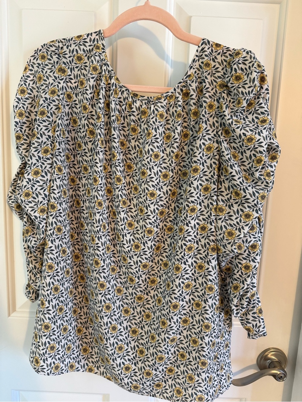 Max Studio White Blouse with Yellow Floral Print and Puff Sleeves